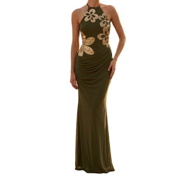 Oliwkowa sukienka maxi ASOS LUXE z koralikami Rozmiar 34