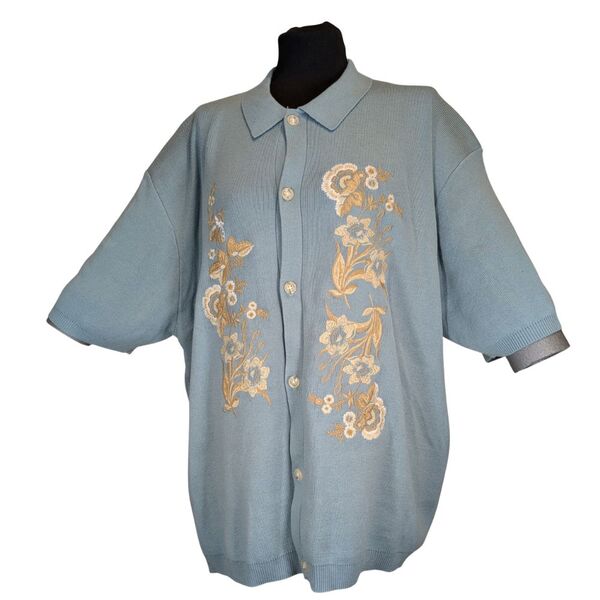 Błękitne Dzianinowe Polo w Kwiaty Topman XXL