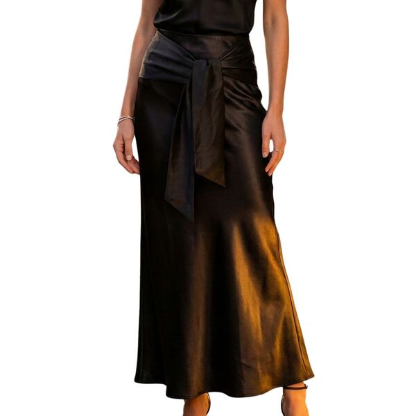 Topshop – Czarna Satynowa Spódnica Maxi z Wiązaniem – 34 (XS)